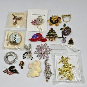 Vintage & Modern Brooch Lot 17 Brooches Enamel Rhinestone Pins
